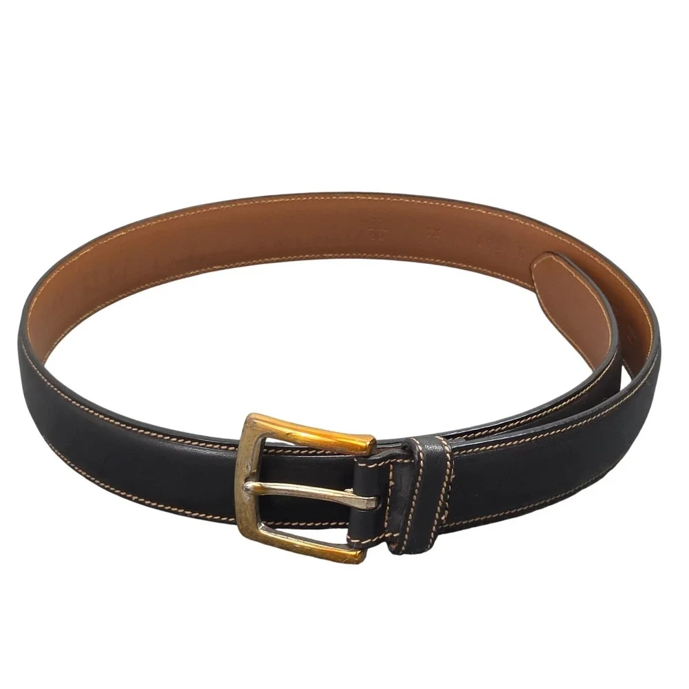 Trafalgar Leather Belt Mens 32 Black Gold Brass Buckle Made USA Classic Dress